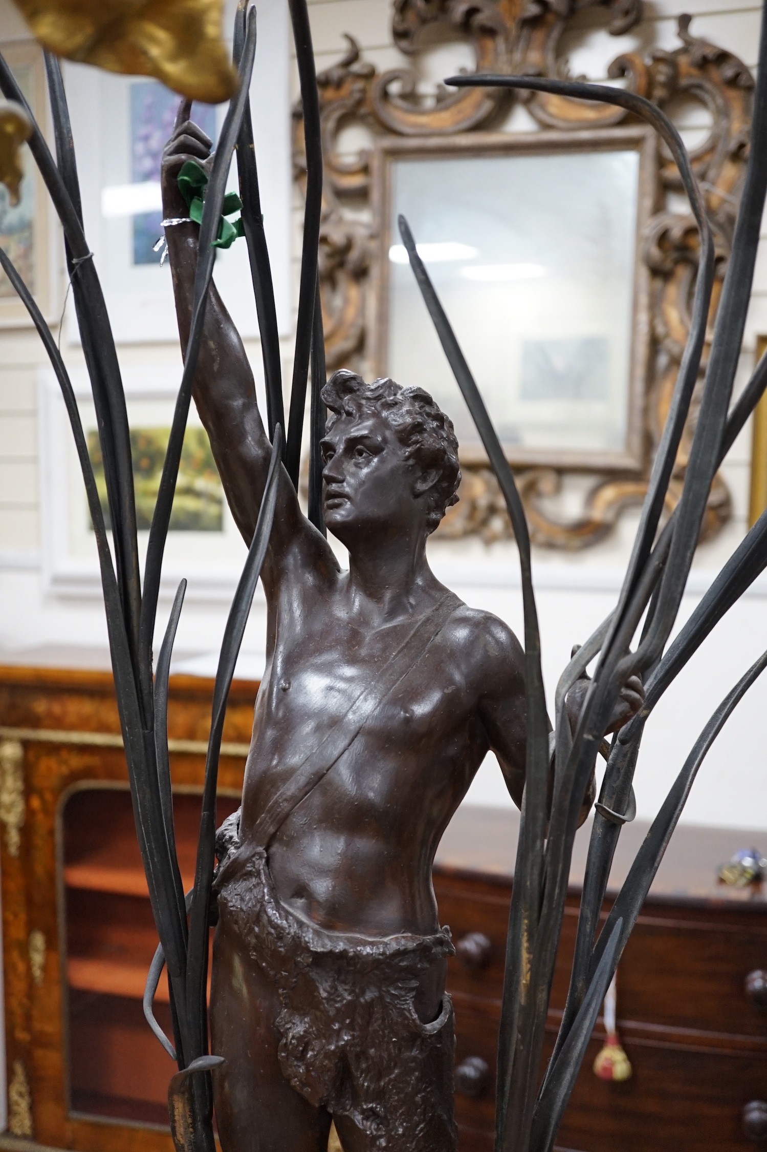 An ornate 19th century style bronze figure and iris table lamp,104 cms high